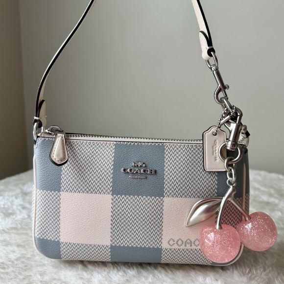Coach Nolita 19 bag purse in buffalo plaid chalk / gray with pink cherry charm - Picture 7 of 10